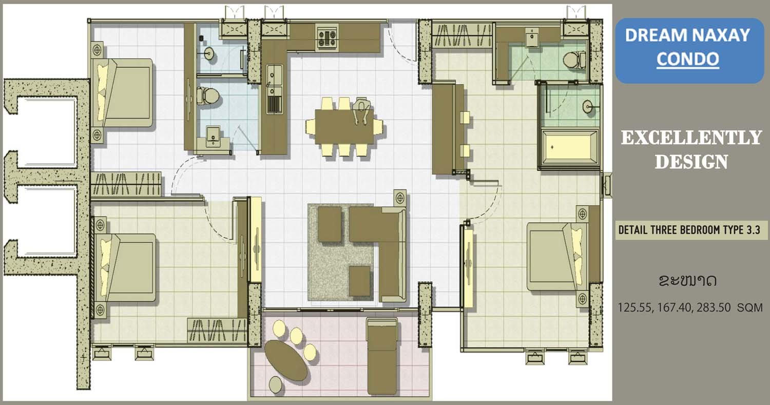 three bed room bed room plan